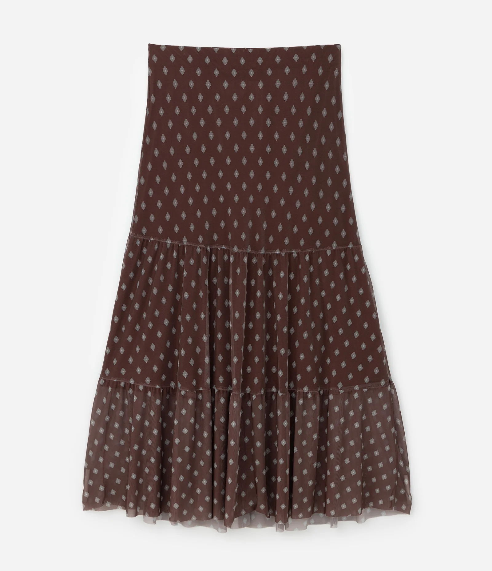 Saia Midi em Tule com Babados e Estampa Gravataria Curve & Plus Size Marrom 1