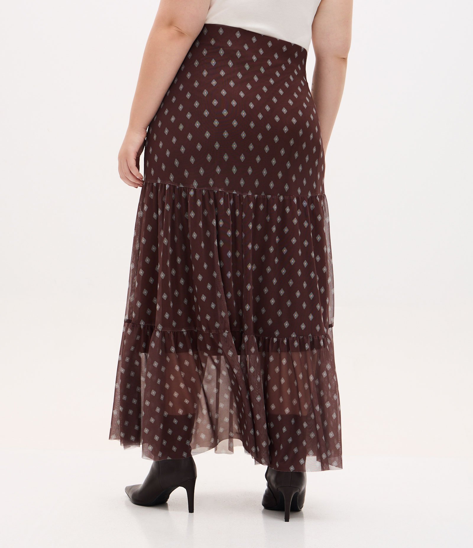 Saia Midi em Tule com Babados e Estampa Gravataria Curve & Plus Size Marrom 4