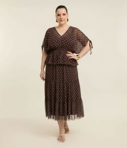 Saia Midi em Tule com Babados e Estampa Gravataria Curve & Plus Size