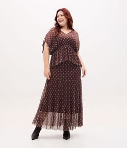 Saia Midi em Tule com Babados e Estampa Gravataria Curve & Plus Size