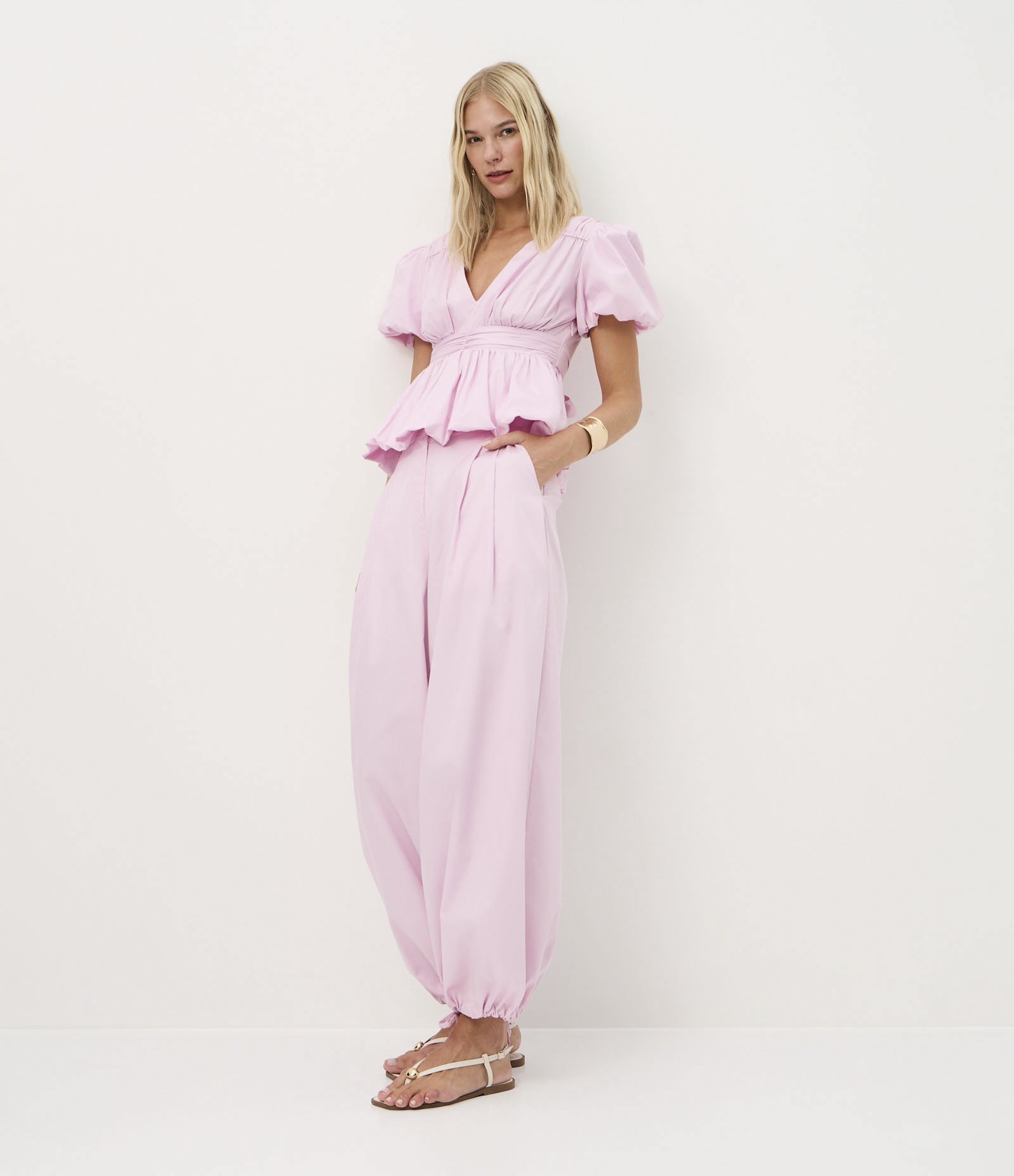 Calça Pantalona em Tricoline com Barra Ajustável Rosa Claro 5