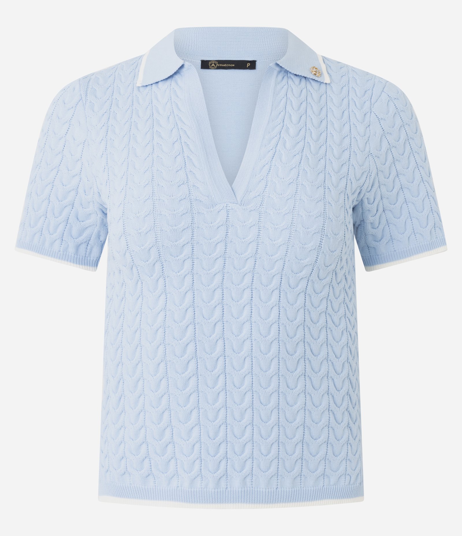 Blusa Feminina Tricô Manga Curta Gola Polo com Broche Azul 1