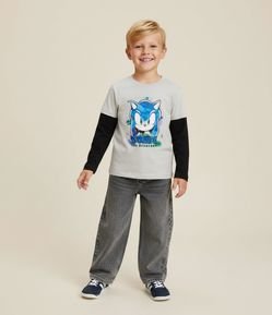 Camiseta Infantil com Manga Sobreposta e Estampa Sonic – Tam 5 a 14 Anos