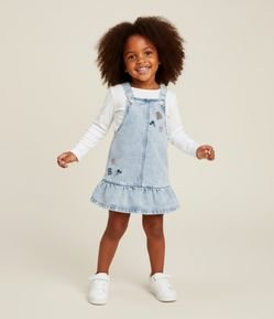 Salopete Jeans com Ícones Bordados e Babadinho - Tam 1 a 6 Anos
