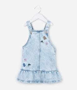 Salopete Jeans com Ícones Bordados e Babadinho - Tam 1 a 6 Anos