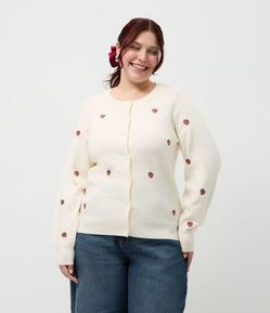 Cardigan Regular em Tricô com Bordados de Morangos Curve & Plus Size