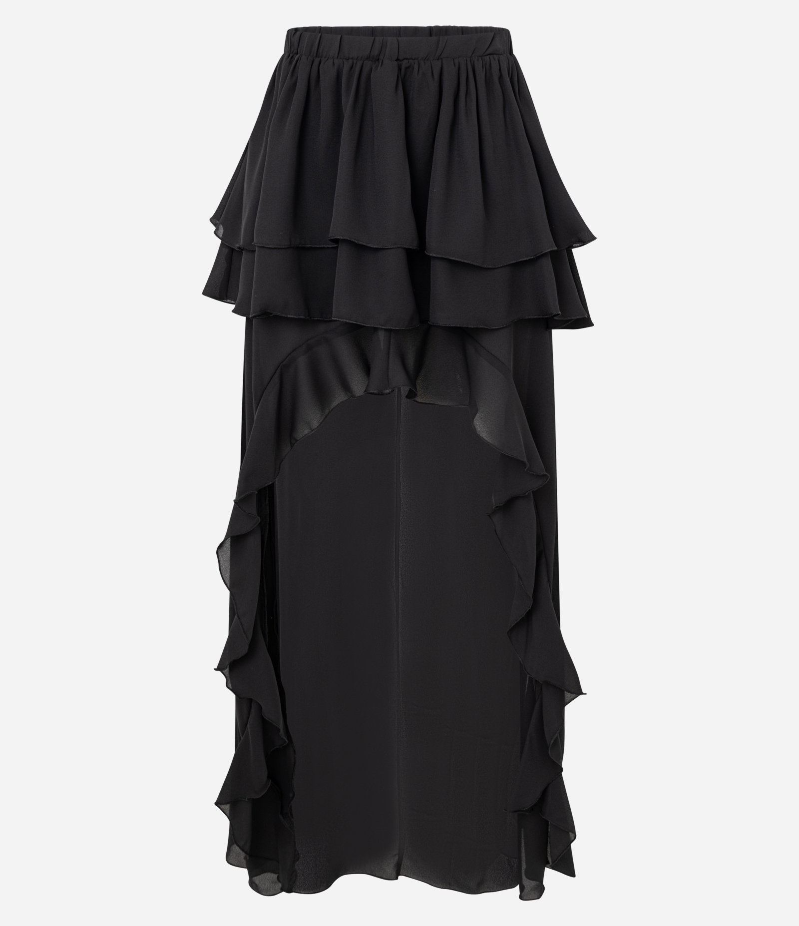 Saia Mullet Longa em Chiffon com Babados Preto 1