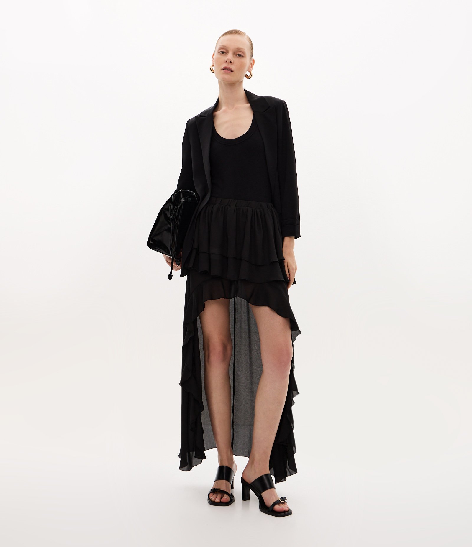 Saia Mullet Longa em Chiffon com Babados Preto 3