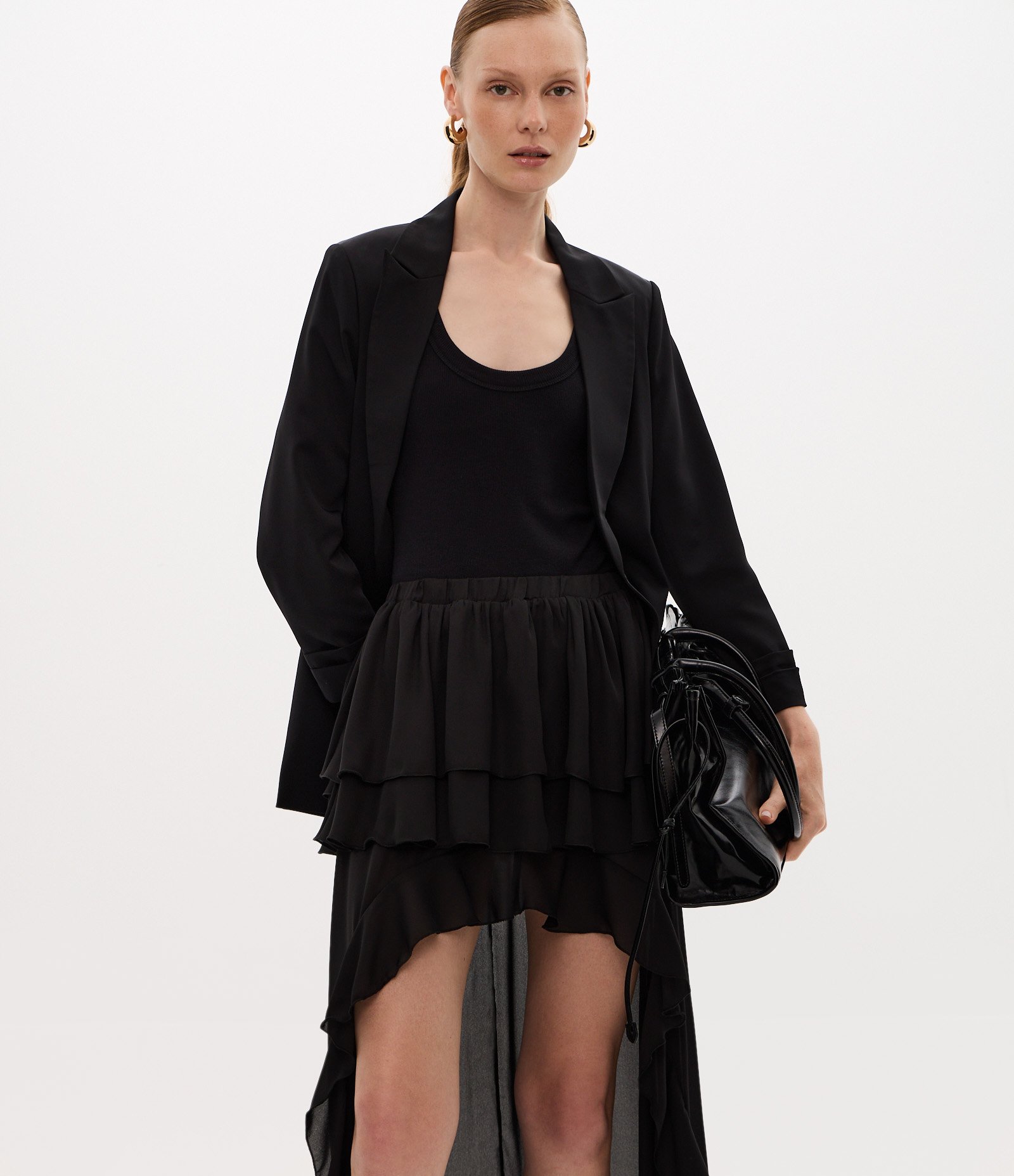 Saia Mullet Longa em Chiffon com Babados Preto 4