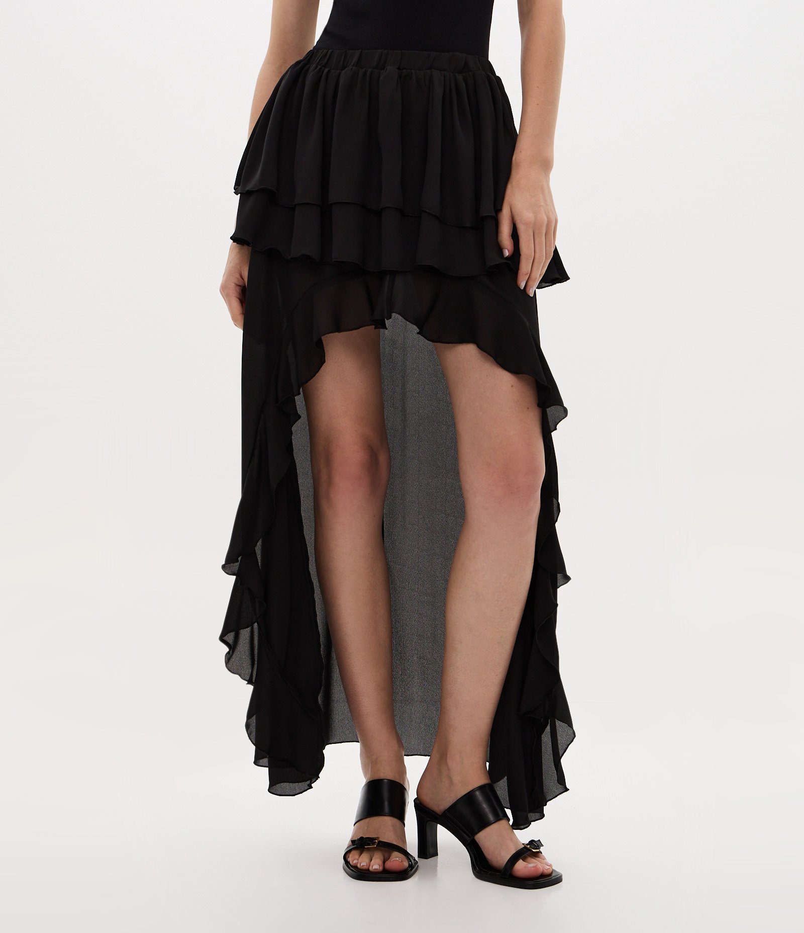 Saia Mullet Longa em Chiffon com Babados Preto 5