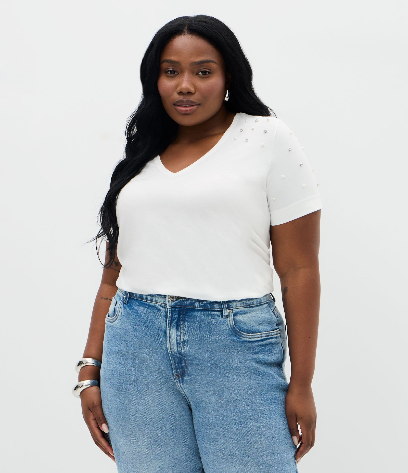 Blusa Regular em Algodão com Aplicação de Strass Curve & Plus Size Branco 1