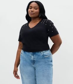 Blusa Regular em Algodão com Aplicação de Strass Curve & Plus Size