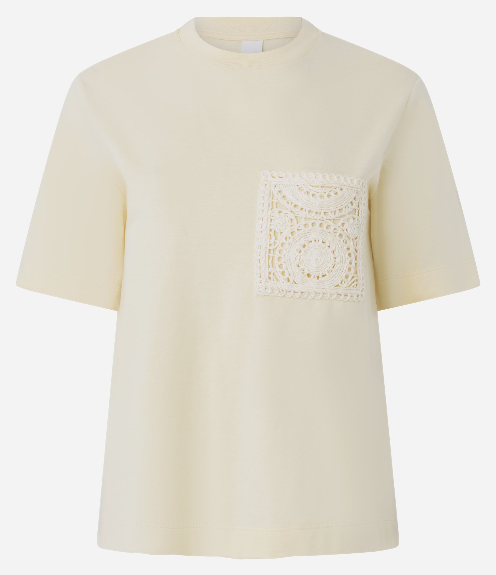 Camiseta Manga Curta em Algodão com Bolso Rendado Bege 1