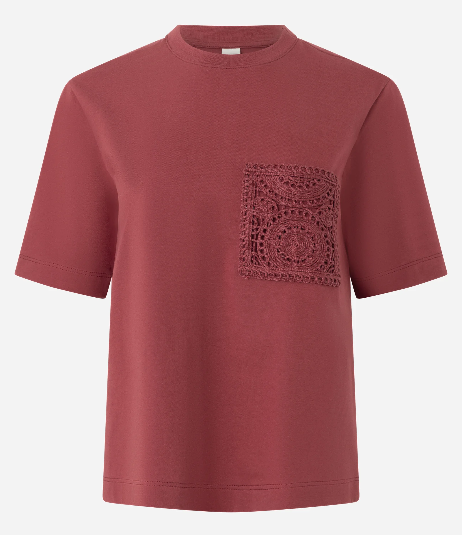Camiseta Manga Curta em Algodão com Bolso Rendado Vinho 1