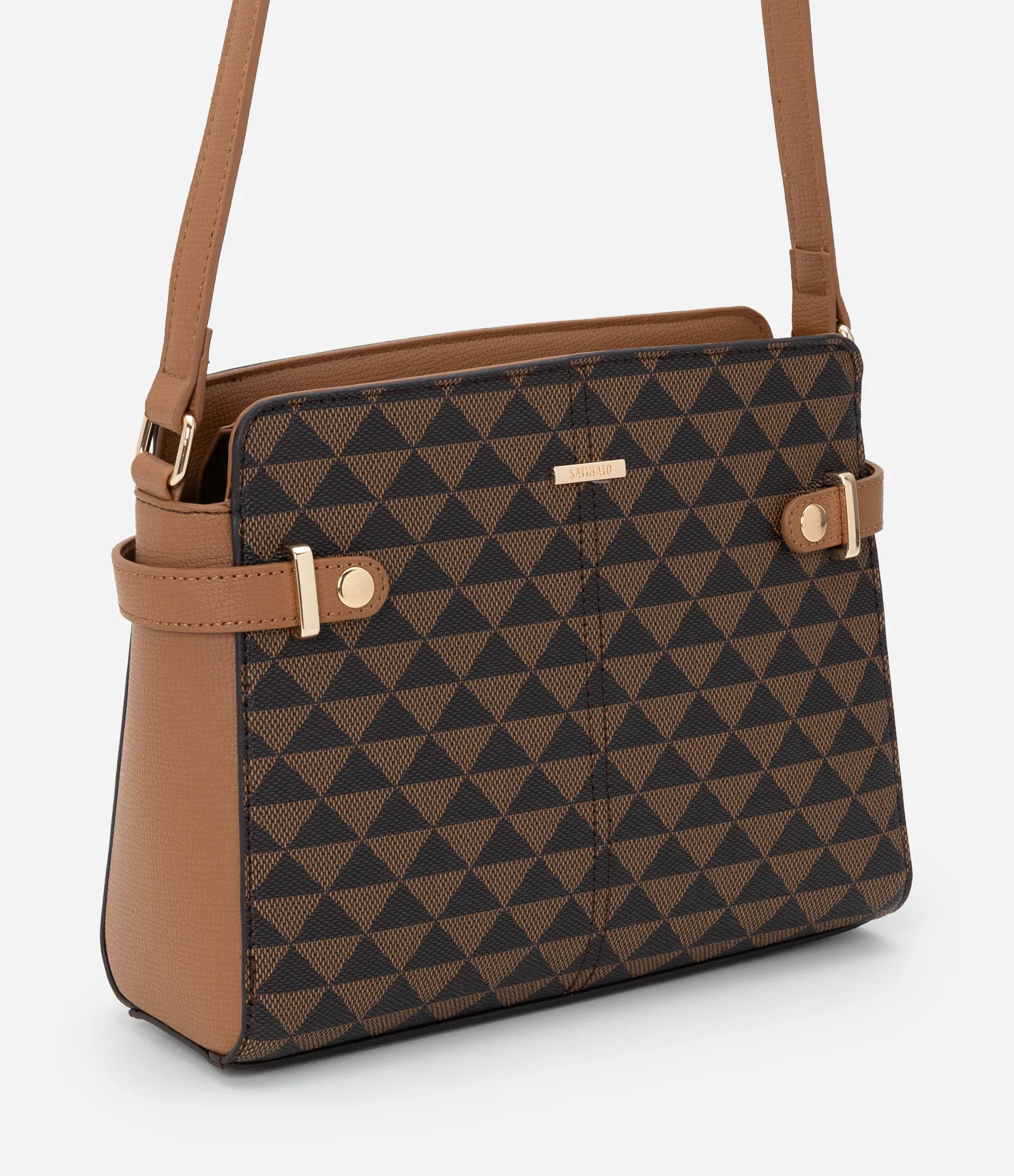 Bolsa Transversal Média com Estampa Geométrica Marrom 1