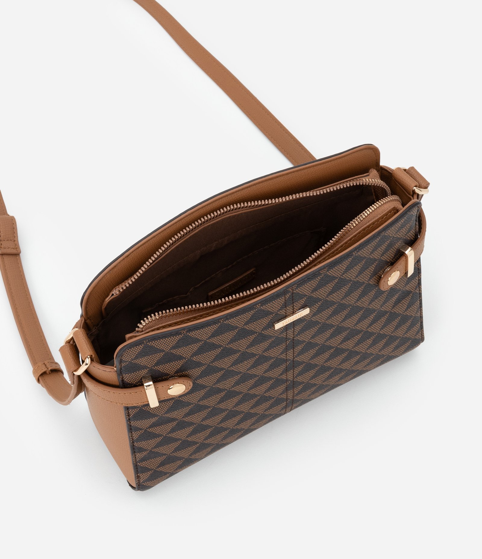 Bolsa Transversal Média com Estampa Geométrica Marrom 5