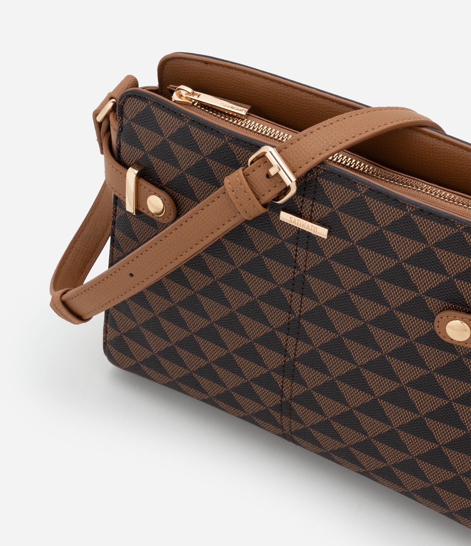 Bolsa Transversal Média com Estampa Geométrica Marrom 6