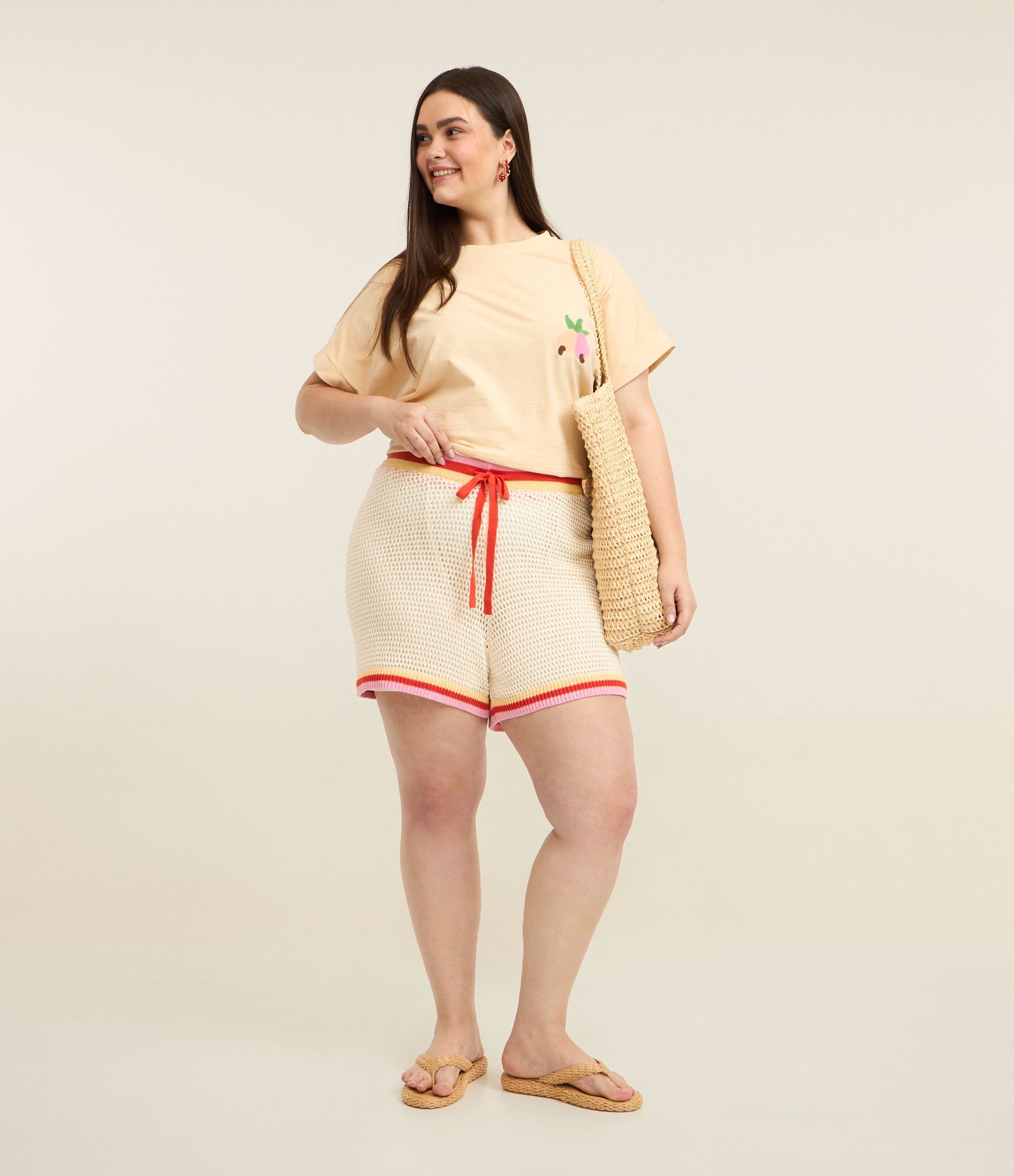 Blusa Boxy com Caju Bordado e Listras Curve & Plus Size Amarelo 3