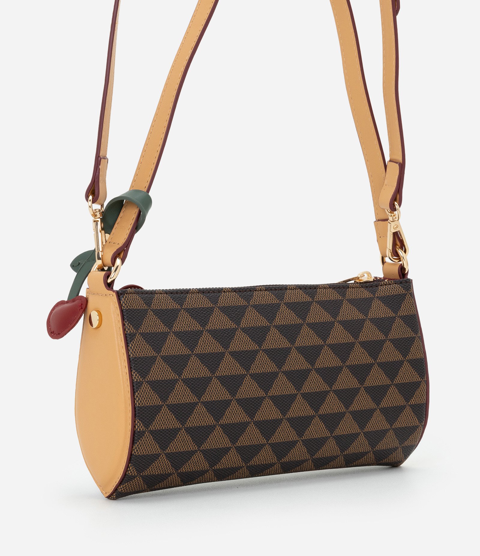 Bolsa Baguete Pequena em PU com Estampa Triângulos Marrom 3