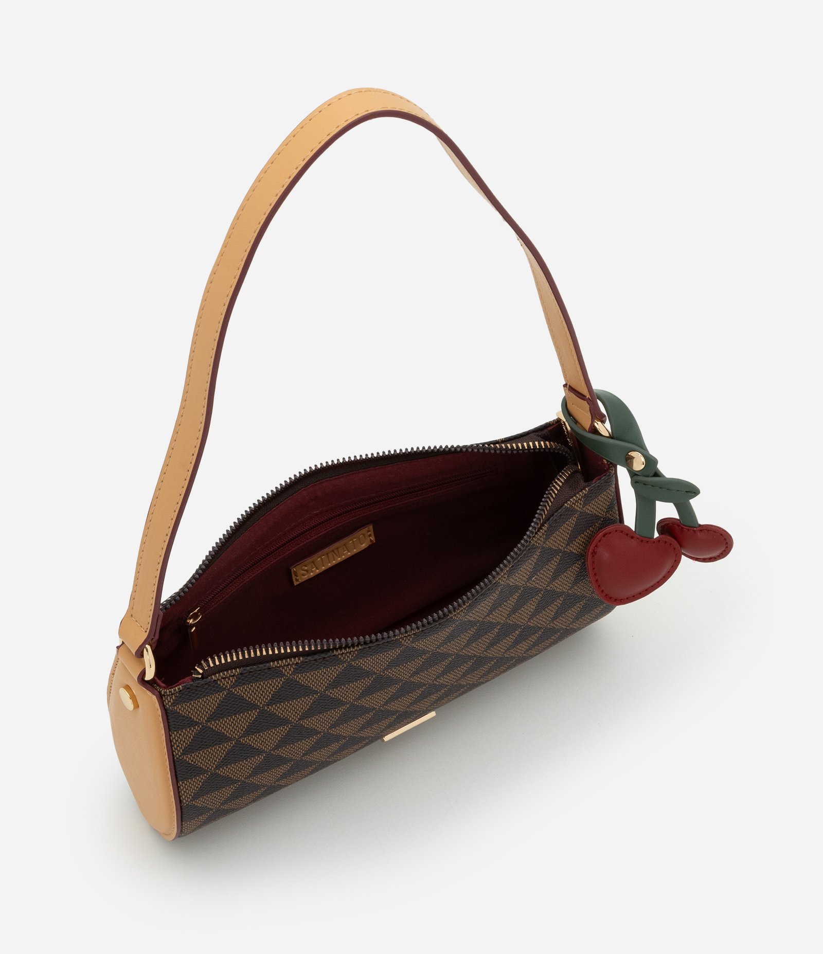 Bolsa Baguete Pequena em PU com Estampa Triângulos Marrom 5
