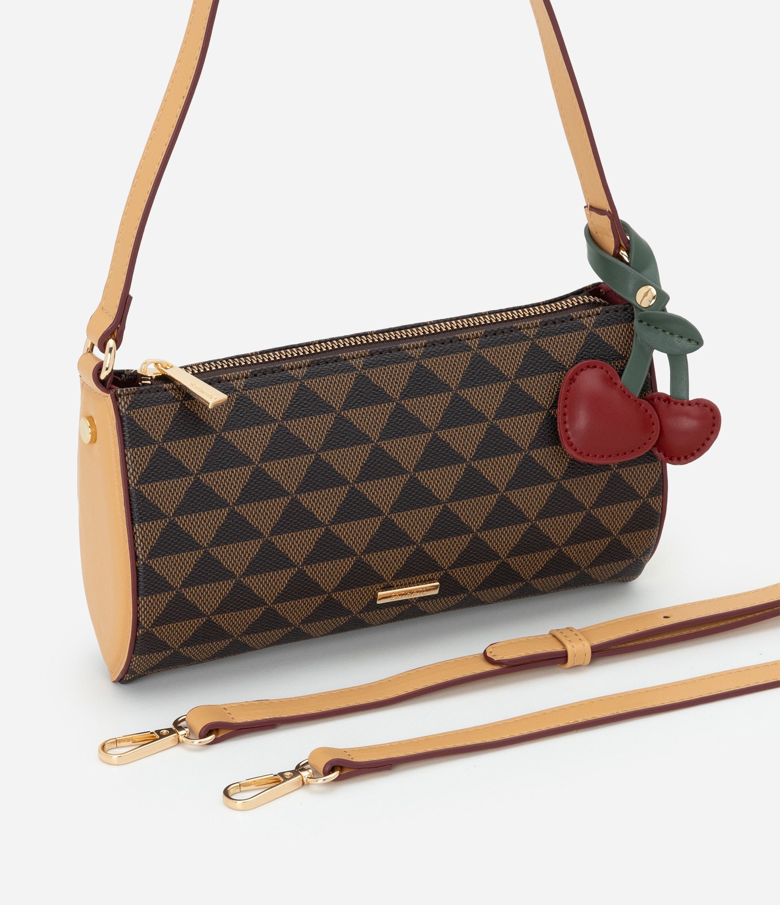 Bolsa Baguete Pequena em PU com Estampa Triângulos Marrom 6