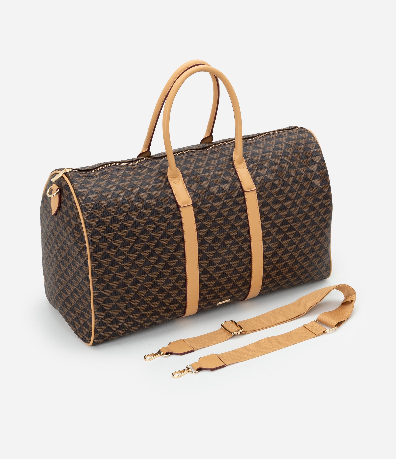 Bolsa Mala Grande em PU com Estampa Triângulos Marrom 8