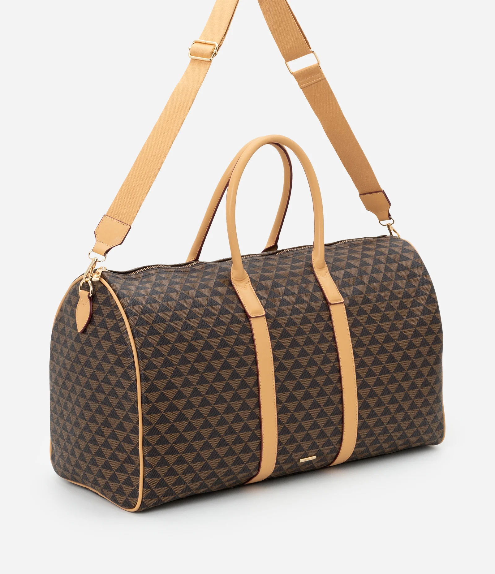 Bolsa Mala Grande em PU com Estampa Triângulos Marrom 1