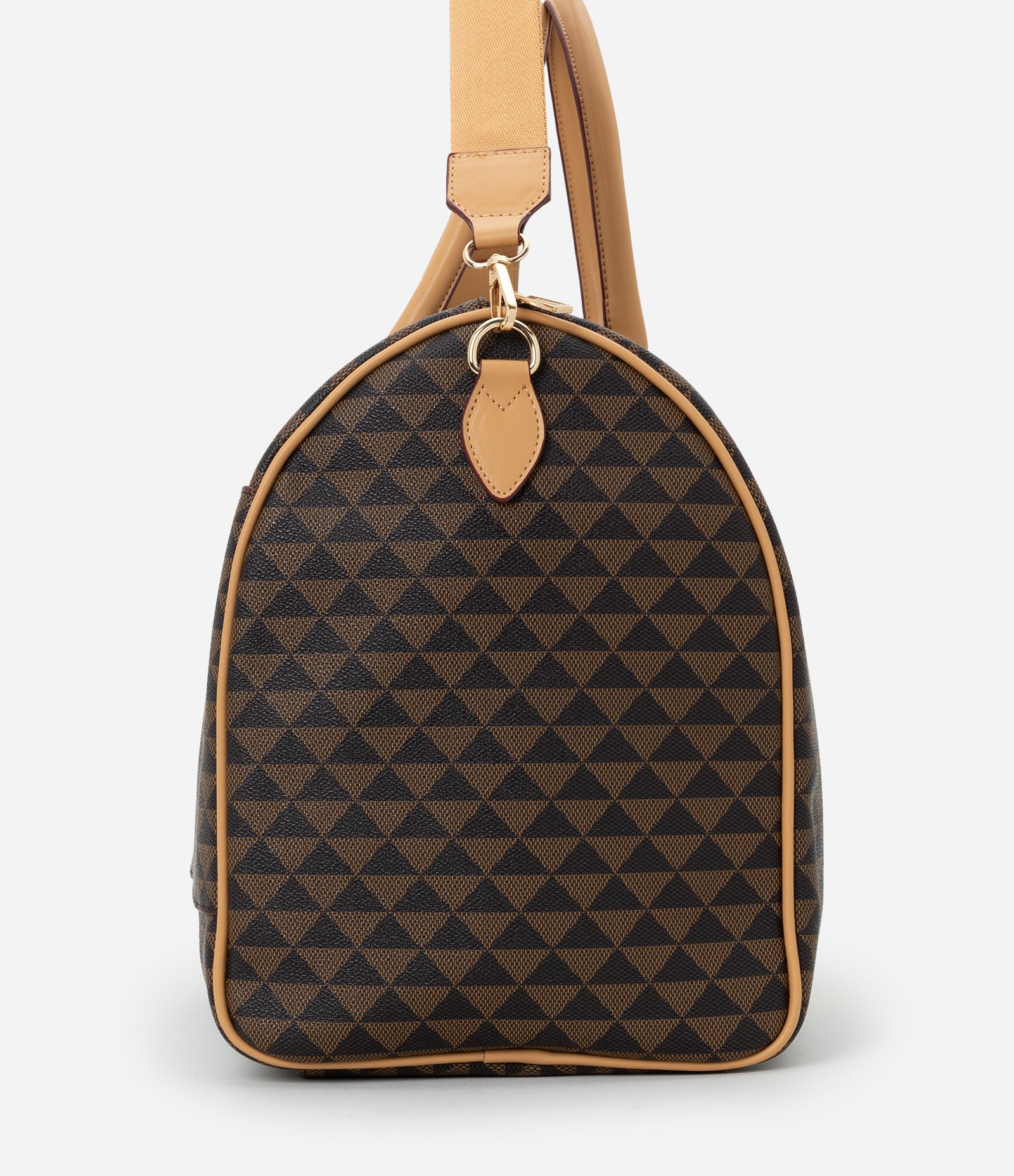 Bolsa Mala Grande em PU com Estampa Triângulos Marrom 2