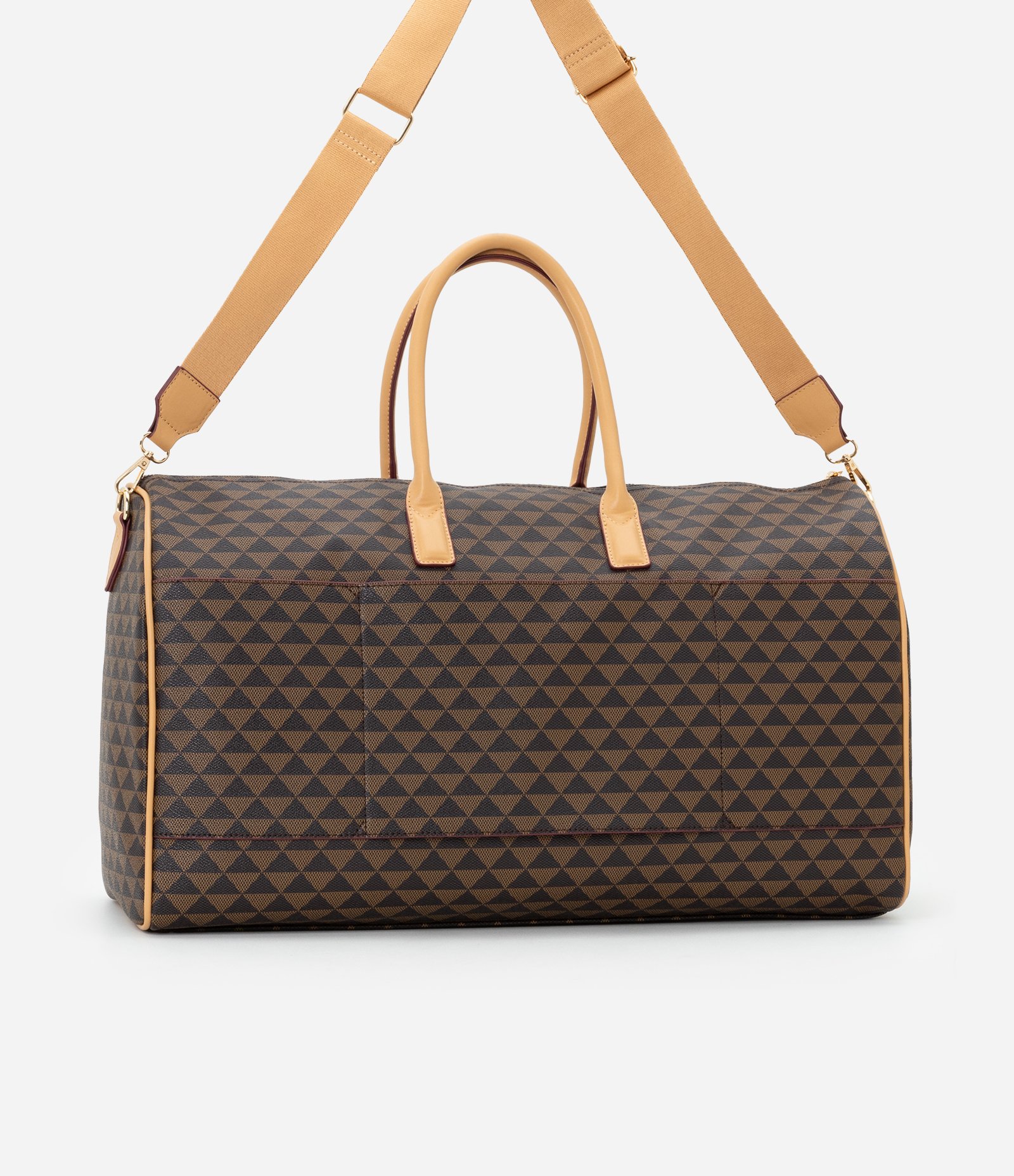 Bolsa Mala Grande em PU com Estampa Triângulos Marrom 3
