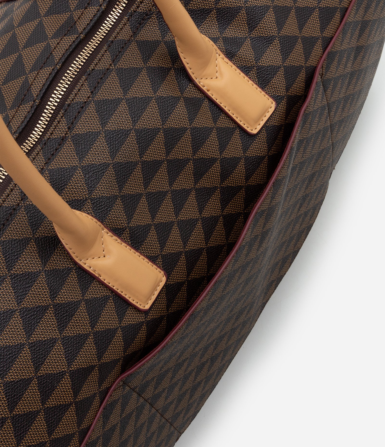 Bolsa Mala Grande em PU com Estampa Triângulos Marrom 6
