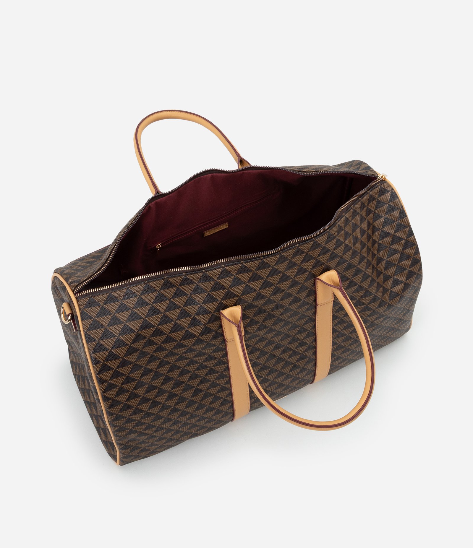 Bolsa Mala Grande em PU com Estampa Triângulos Marrom 7