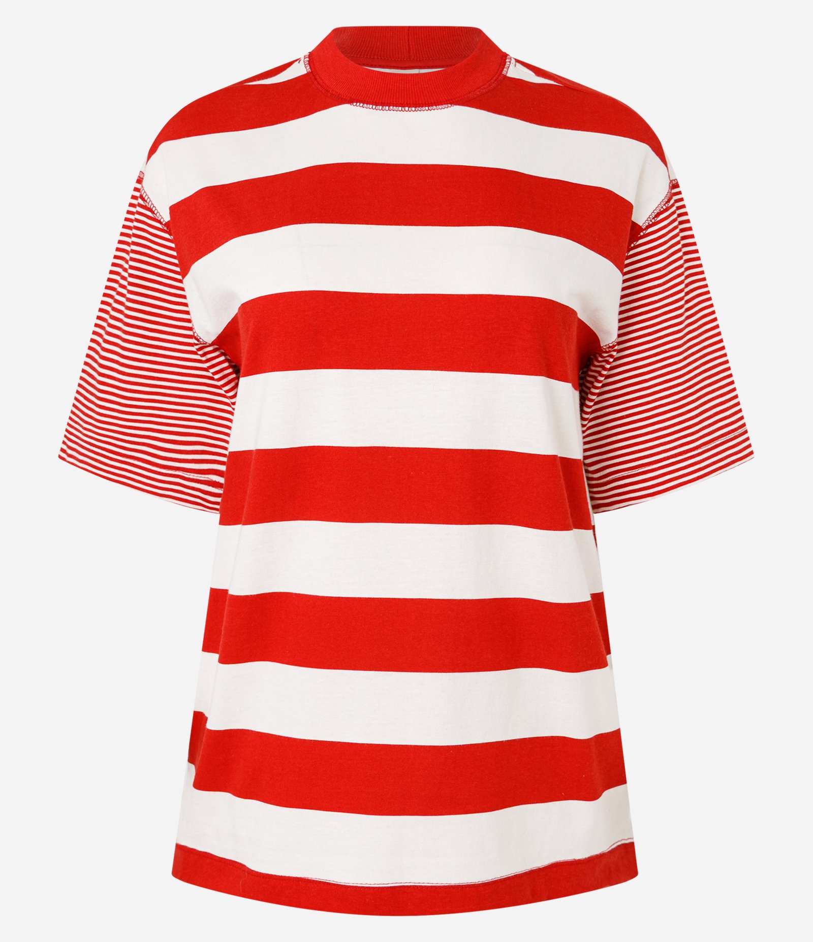 Camiseta T-Shirt Listrada em Algodão com Costura Aparente Vermelho/Branco 5