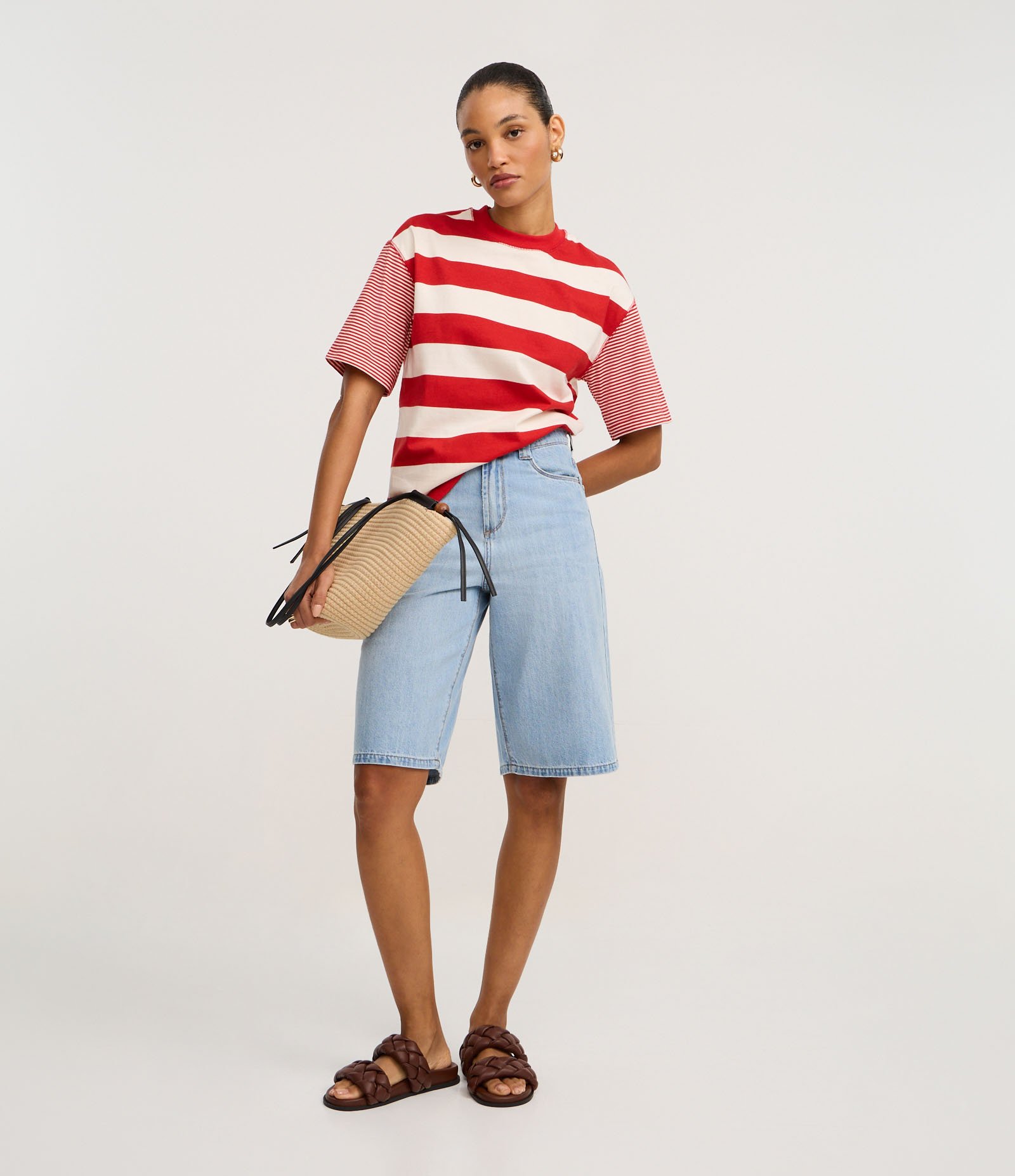 Camiseta T-Shirt Listrada em Algodão com Costura Aparente Vermelho/Branco 2