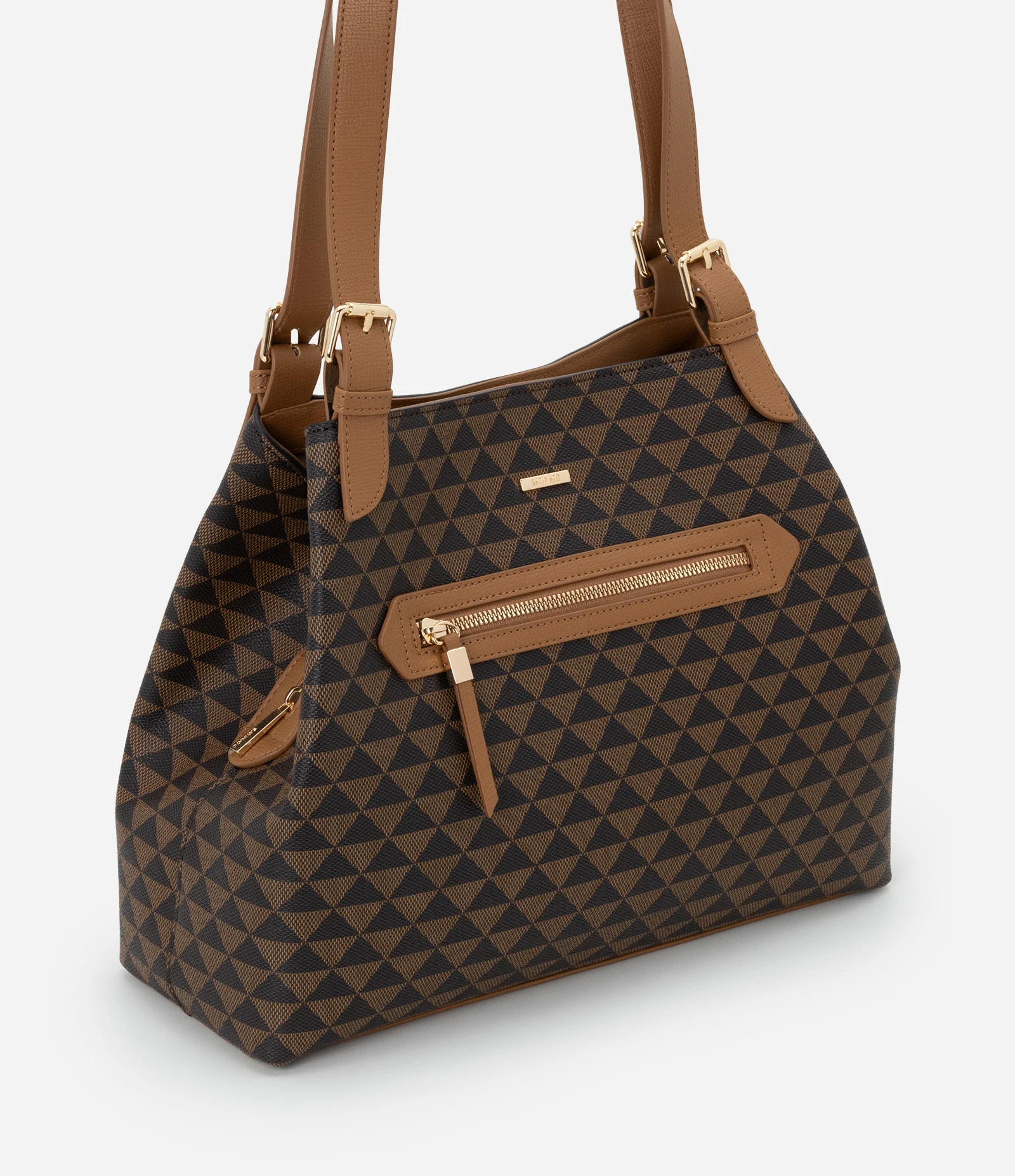 Bolsa Hobo Grande em PU com Estampa Triângulos Marrom 1