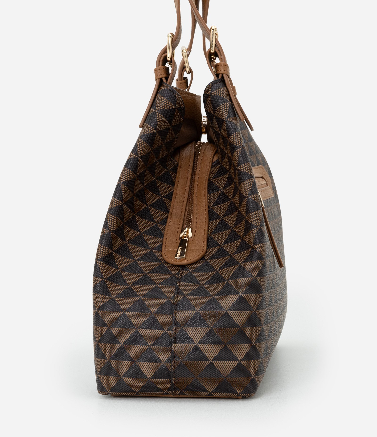 Bolsa Hobo Grande em PU com Estampa Triângulos Marrom 2