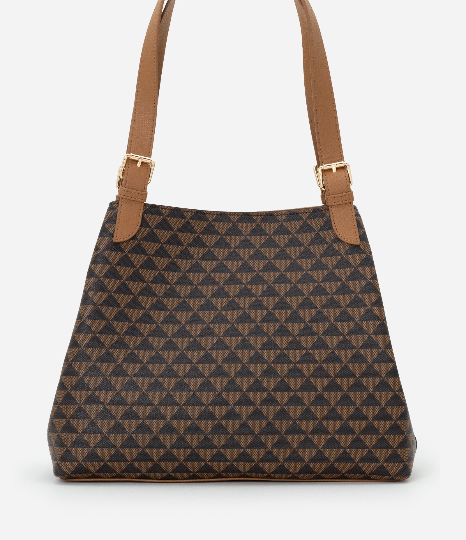 Bolsa Hobo Grande em PU com Estampa Triângulos Marrom 3
