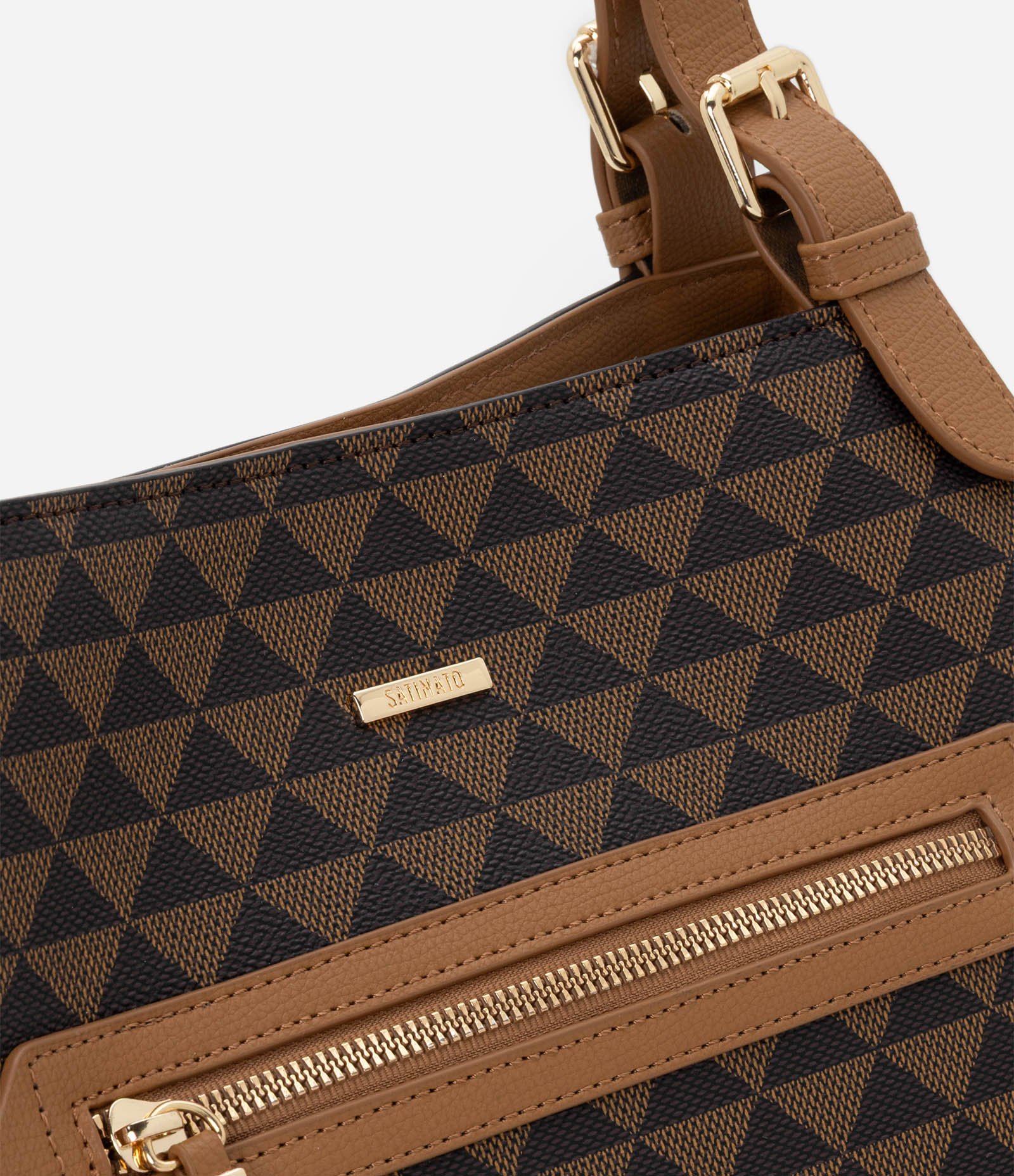 Bolsa Hobo Grande em PU com Estampa Triângulos Marrom 4