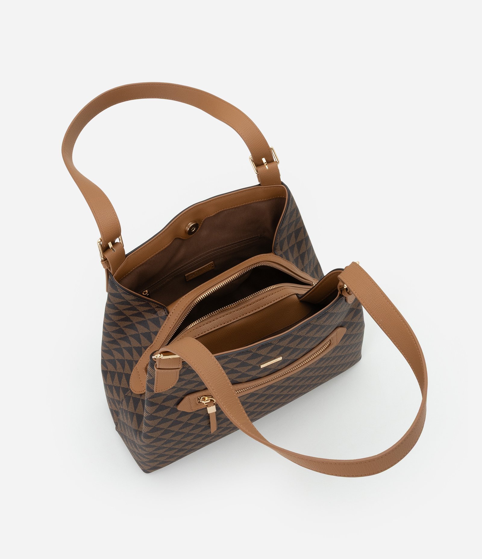 Bolsa Hobo Grande em PU com Estampa Triângulos Marrom 5