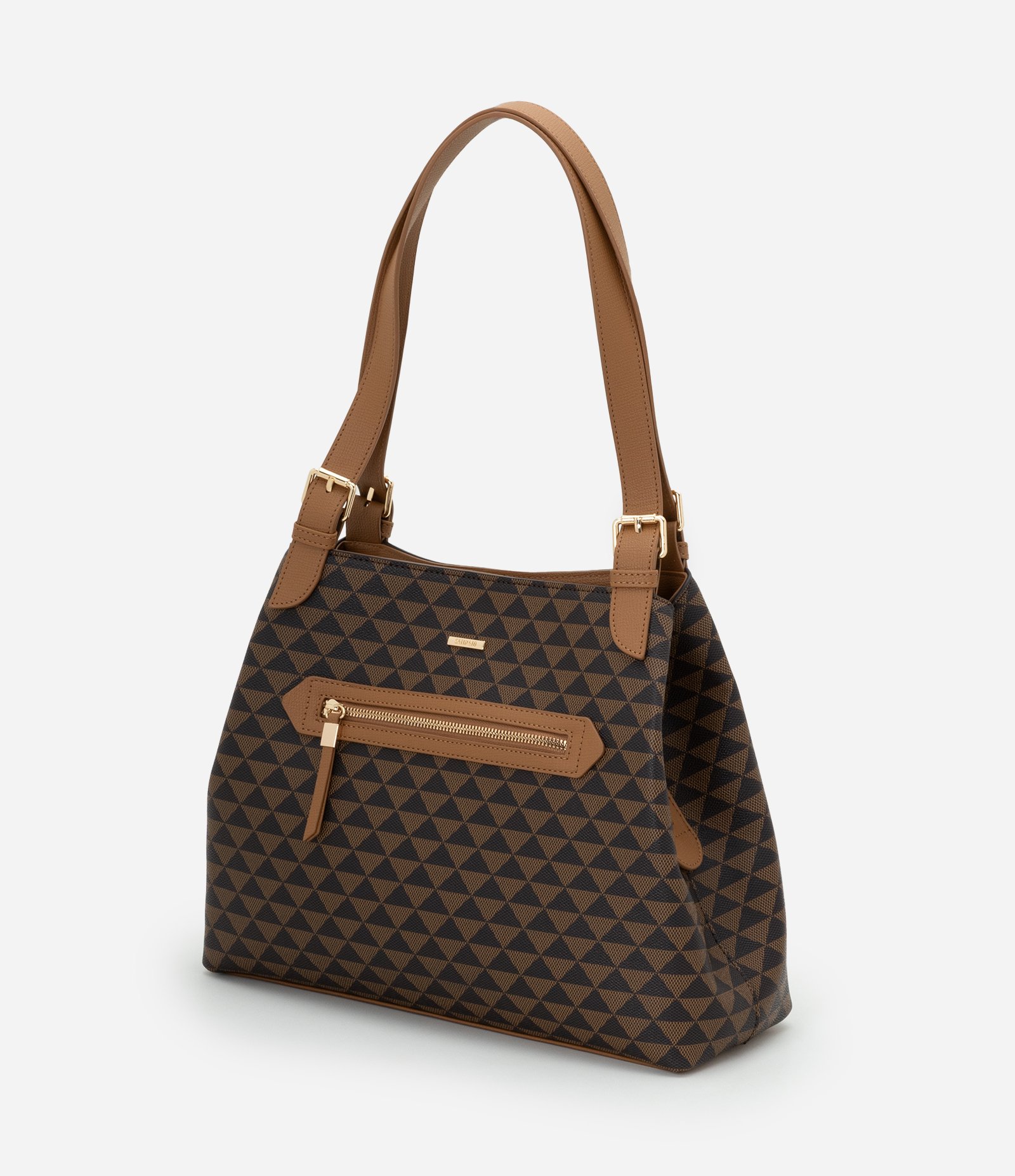 Bolsa Hobo Grande em PU com Estampa Triângulos Marrom 6