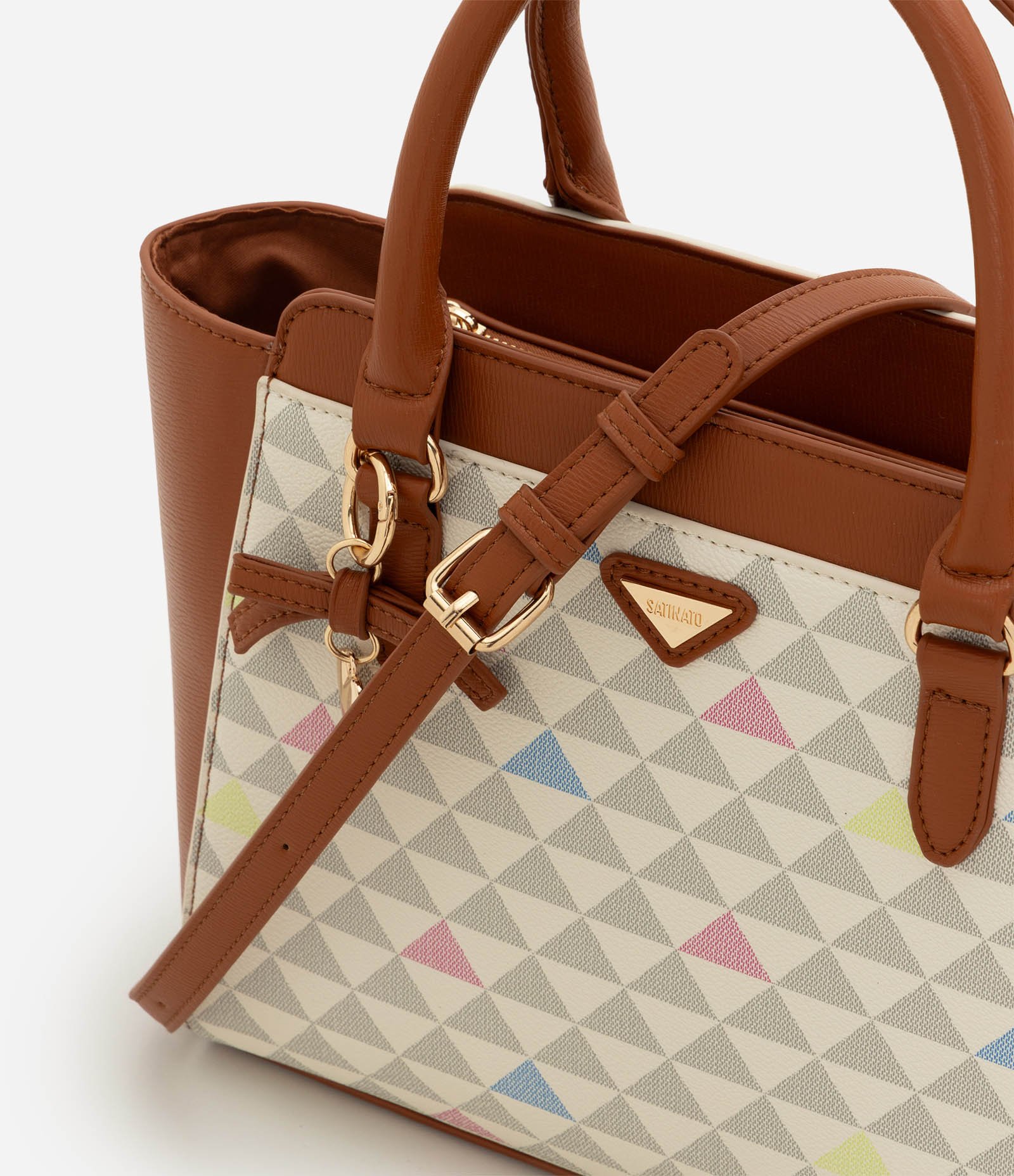 Bolsa Satchel Média em PU com Estampa Triângulos Off White 7