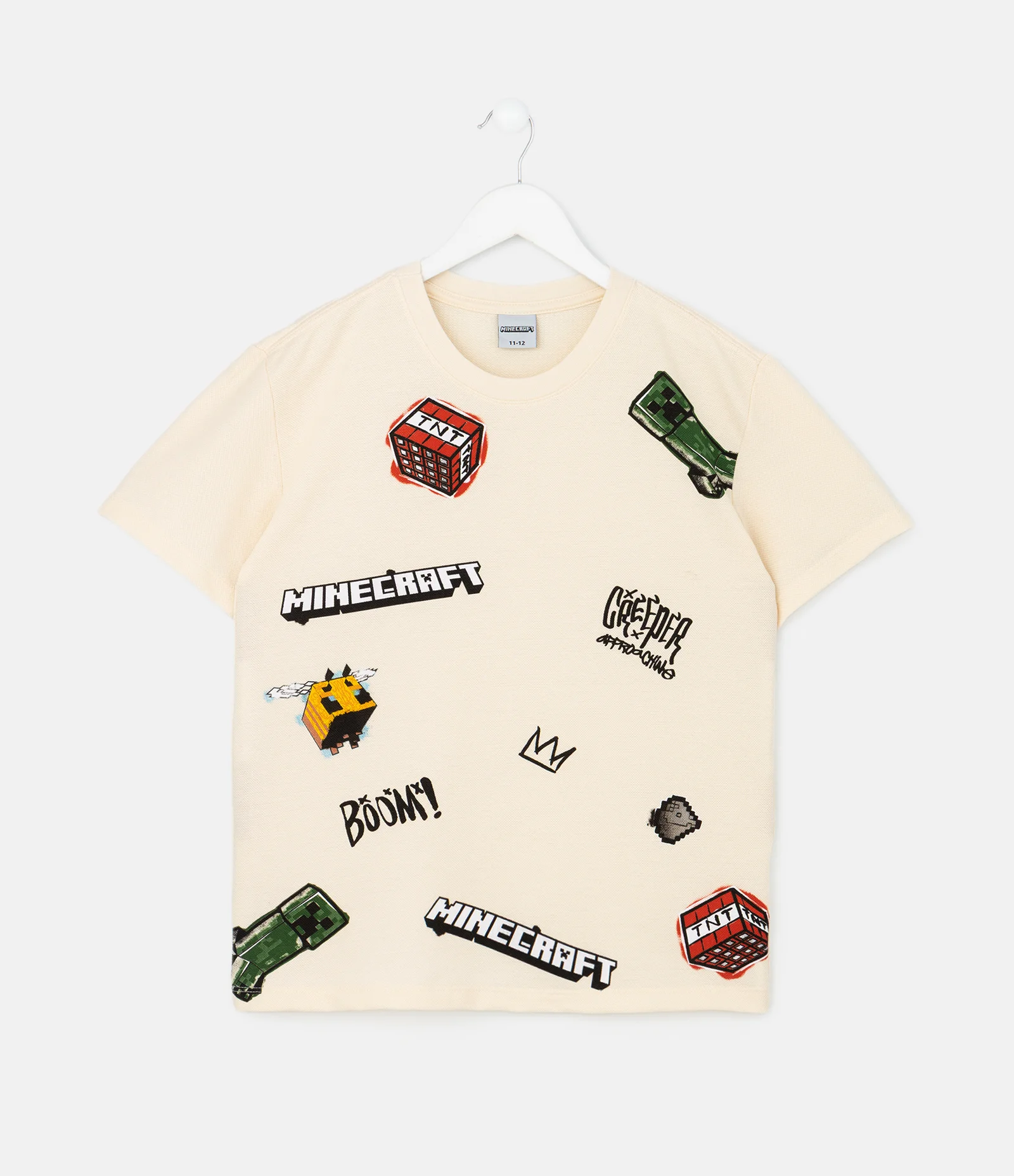 Camiseta Infantil em Piquet com Estampa Minecraft – Tam 5 a 14 Anos Off White 1