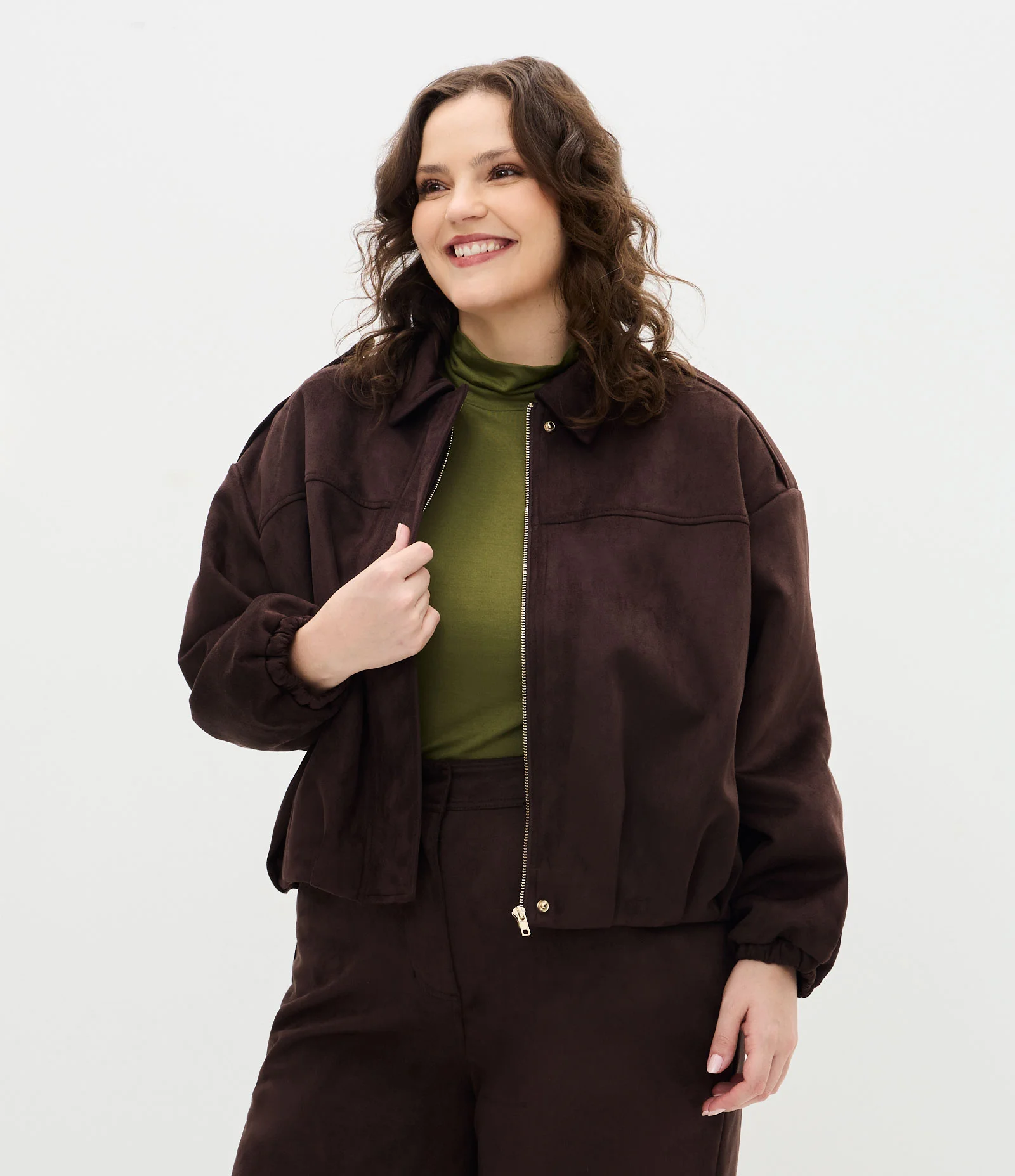 Jaqueta Bomber em Suede com Modelagem Balonê Curve & Plus Size Marrom 1
