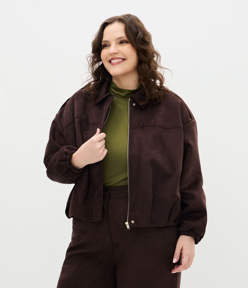 Jaqueta Bomber em Suede com Modelagem Balonê Curve & Plus Size Marrom