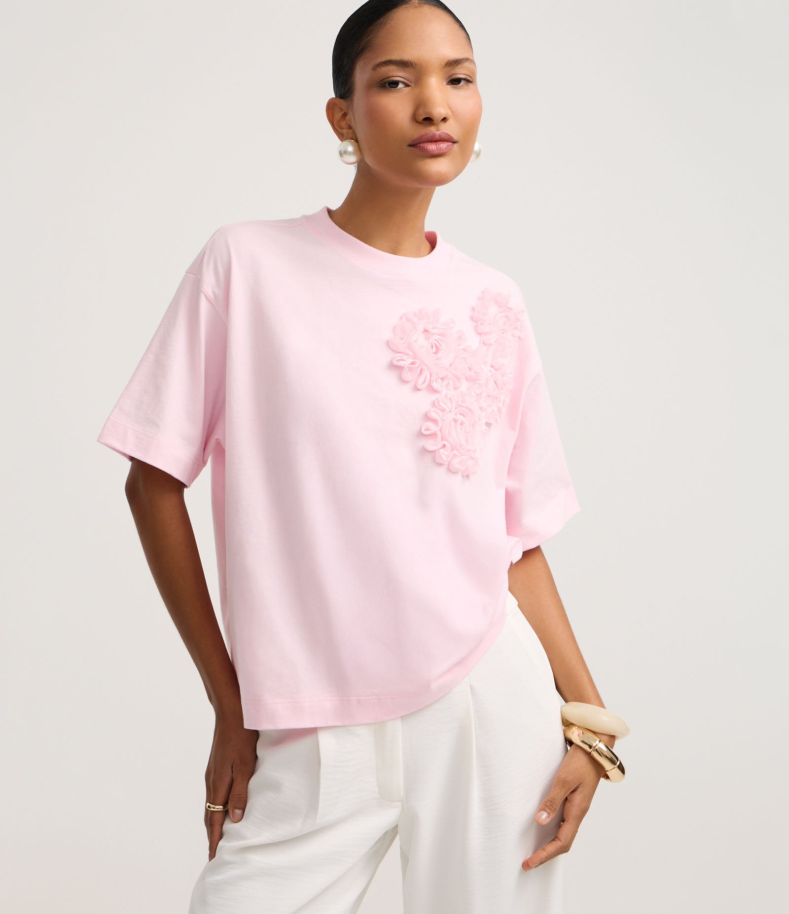 Blusa em Algodão com Flores de Tecido no Ombro Rosa 1