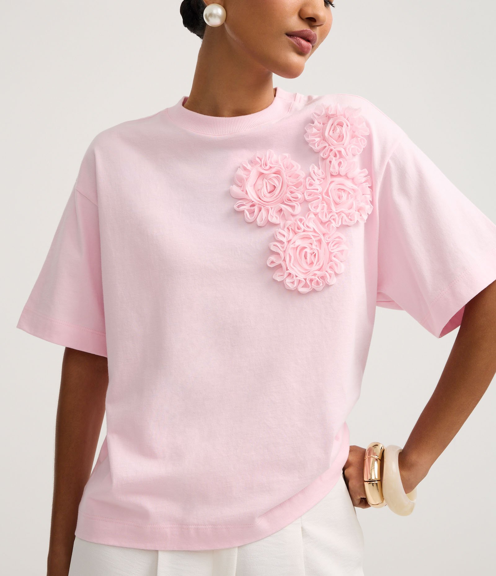 Blusa em Algodão com Flores de Tecido no Ombro Rosa 3