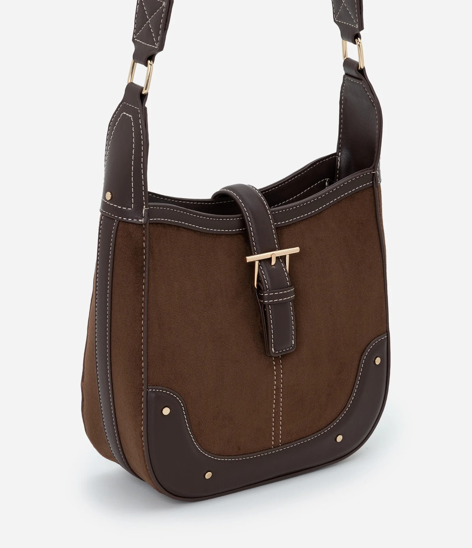 Bolsa Postman Média em Suede com Metais Light Gold Marrom 2