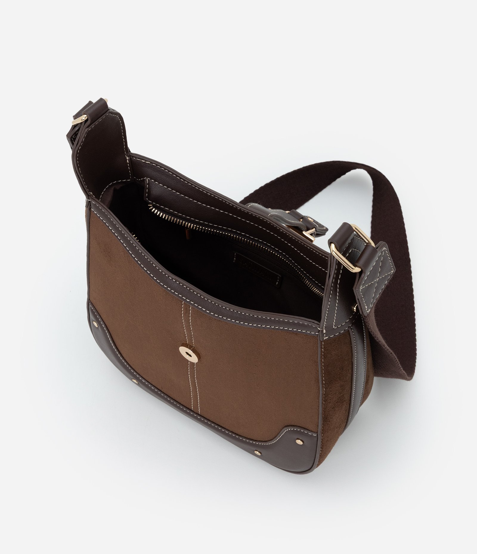 Bolsa Postman Média em Suede com Metais Light Gold Marrom 6