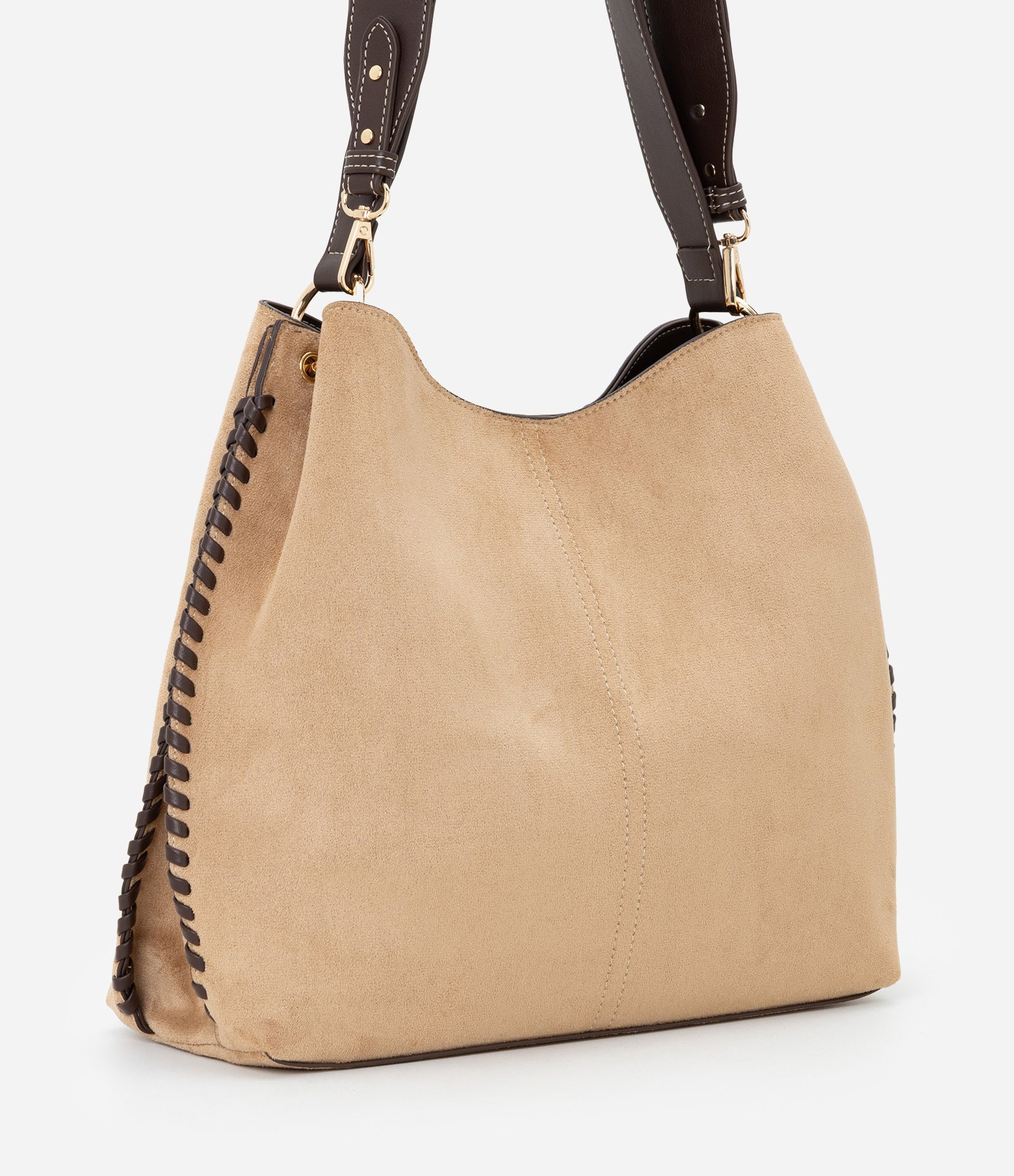 Bolsa Hobo Grande em Suede com Alça Longa Removível Bege 4