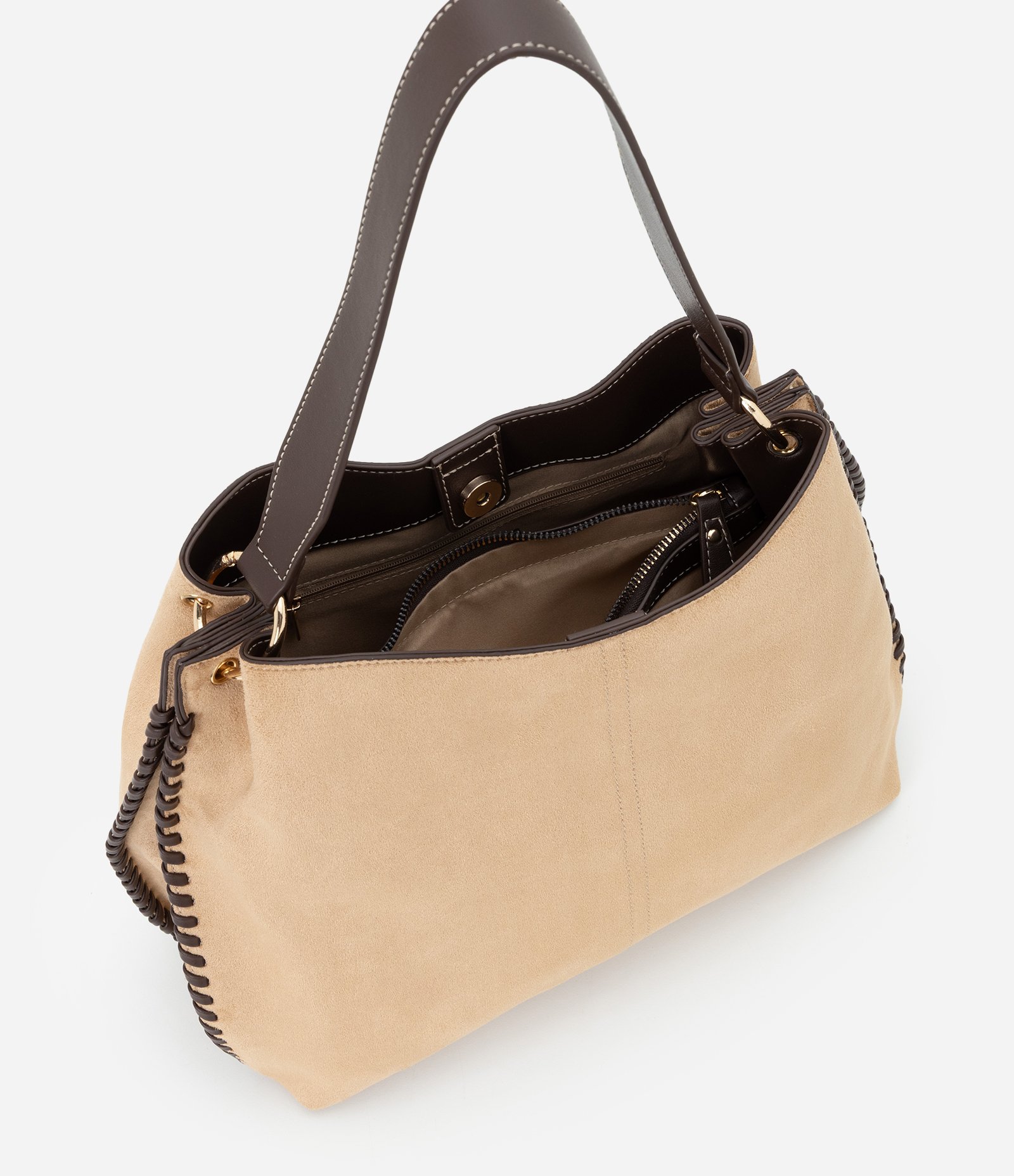 Bolsa Hobo Grande em Suede com Alça Longa Removível Bege 6