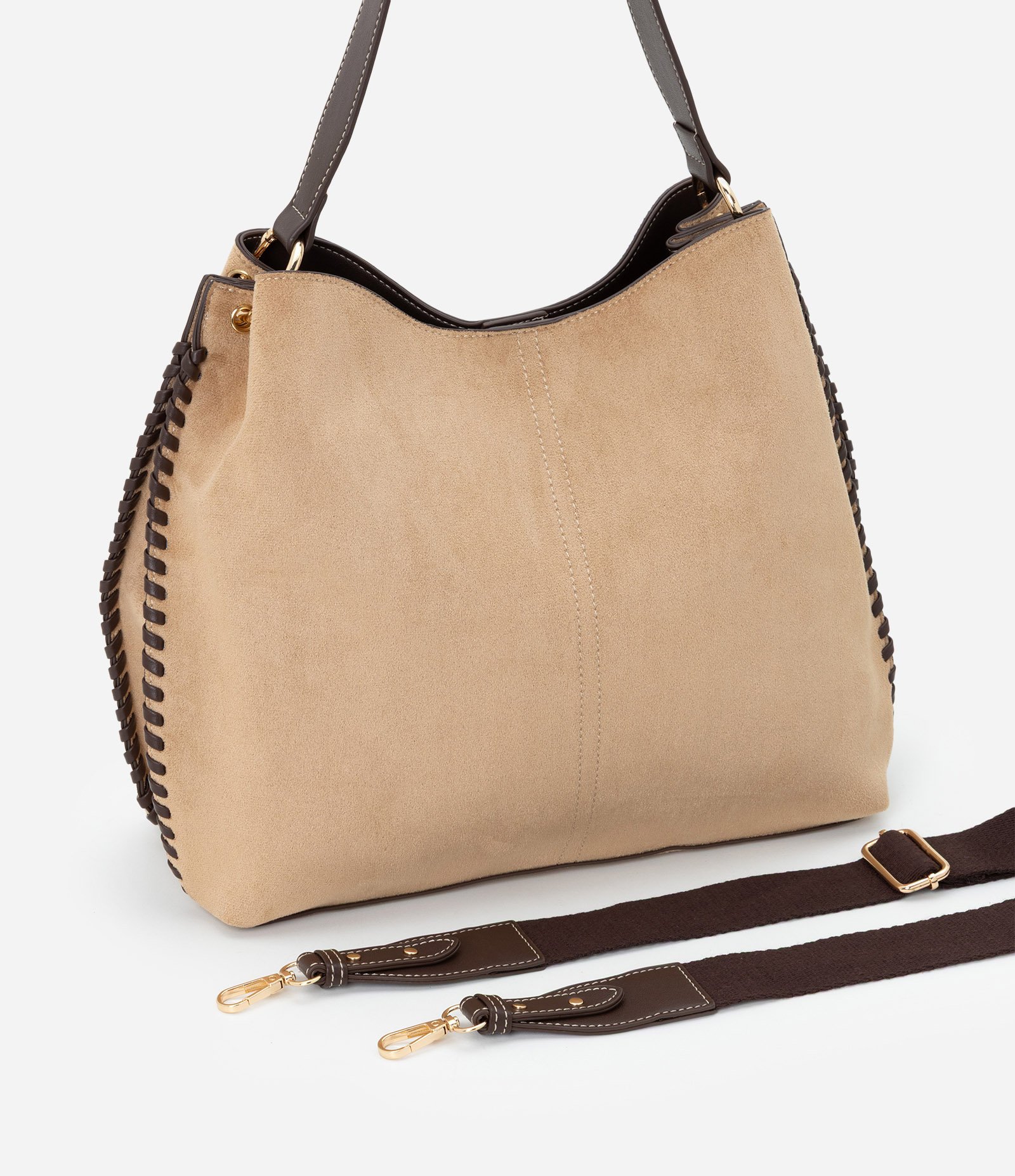 Bolsa Hobo Grande em Suede com Alça Longa Removível Bege 7